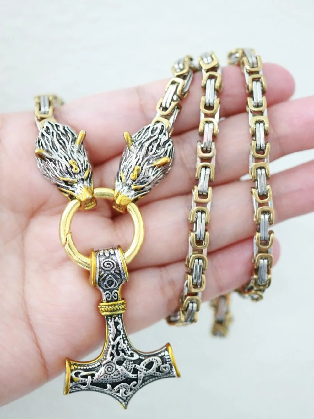 Thor Hammer Viking Style with Wolf Byzantine Chain Necklace 2-Tone Stainless Ste
